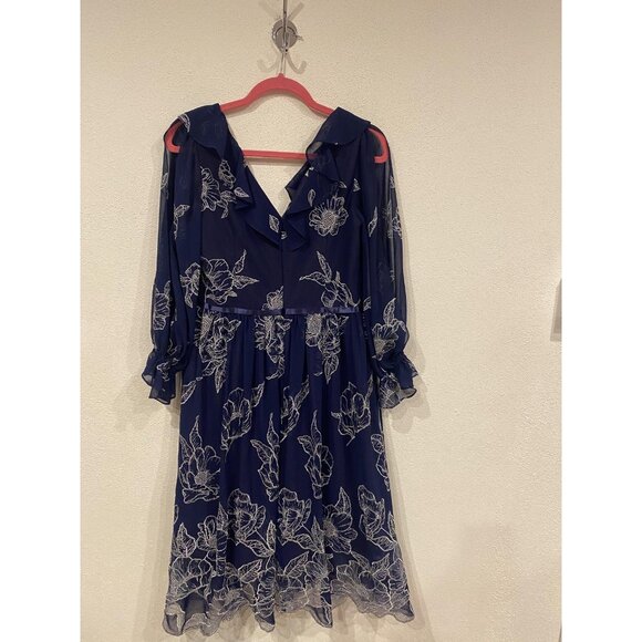 Marchesa Notte Dress Womens 10 Navy Floral Embroidered Mesh Ruffle Sheer Sleeves - Picture 5 of 5